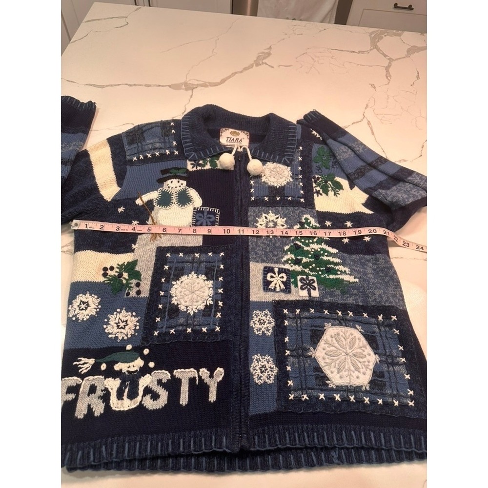 Tiara International Frosty Snowman Christmas Tree Zip Cardigan Sweater Blue L - Picture 7 of 9